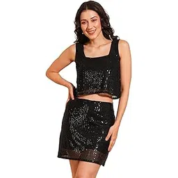 globus Women Black Sequinned Square Neck Crop Top & Mid-Rise Fixed Waist Mini Skirt Party Co-Ord Set-picture-16