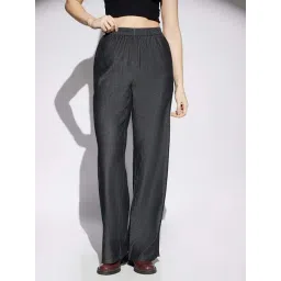 Globus Women Black Solid Denim Mid Rise Elasticated Waist Wide Leg Trousers-picture-19