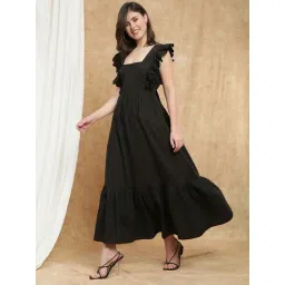 Globus Women Black Square Neck Flutter Sleeves Bow Cut-Out Tiered Fit & Flare Maxi Resort Dress-picture-13