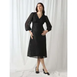 Globus Women Black V-Neck Bishop Sleeves Lurex Detail Georgette Fit & Flare Midi Party Dress-picture-43