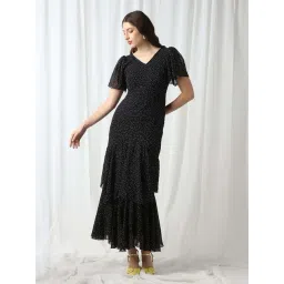 Globus Women Black V-Neck Flared Sleeves Polka Dot Georgette Layered Fit & Flare Maxi Party Dress-picture-22