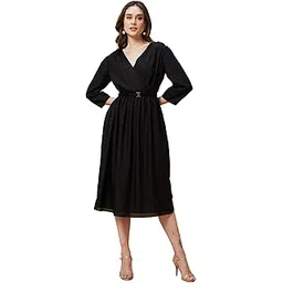 globus Women Black Wrap Neck Gathered Waist A-Line Midi Dress with Belt-picture-30