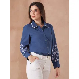 Globus Women Blue Collared Neck Floral Embriodered Cuff Sleeves Curved Hem Shirt-picture-29
