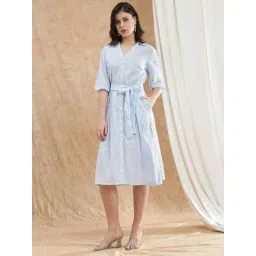 Globus Women Blue Collared Neck Puff Sleeves Striped Midi Workwear Shirt Dress With Belt-picture-40