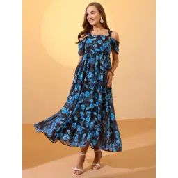 Globus Women Blue Floral Printed Square Neck Cold Shoulder Sleeves Smocked Fit & Flare Maxi Dress-picture-43