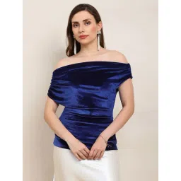 Globus Women Blue One Shoulder Gathered Detail Velvet Party Top-picture-41