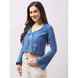 Globus Women Blue Tie-Up V-Neck Bell Sleeves Embroidered Detail Front Open Crop Top-picture-10