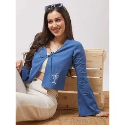 Globus Women Blue Tie-Up V-Neck Bell Sleeves Embroidered Detail Front Open Crop Top image 3