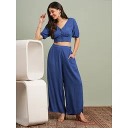 Globus Women Blue V-Neck Self Design Button Detail Crop Top & Wide Leg Trousers Co-Ords-picture-14