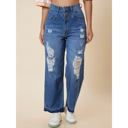 Globus Women Blue Wide Leg Light Fade Highly Distressed Pure Cotton Jeans-picture-33