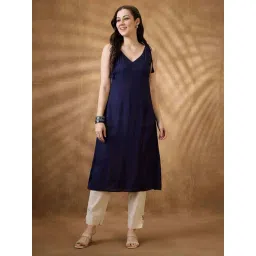 Globus Women Blue Woven Design Tie-Up Neck A-Line Fusion Kurta-picture-18