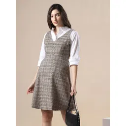 Globus Women Brown Checkered V-Neck Sleeveless Fit & Flare Mini Dress-picture-32