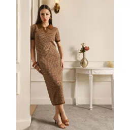 Globus Women Brown Collared Neck Acrylic Geometric Pattern Side Slit Midi Bodycon Dress-picture-40