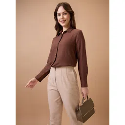 Globus Women Brown Collared Neck Cuffed Sleeves Shirt Style Workwear Top-picture-14