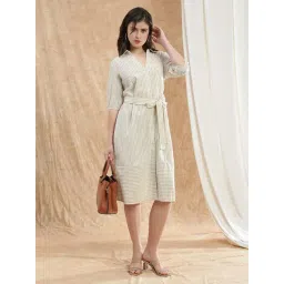 Globus Women Brown Collared Neck Puff Sleeves Striped Midi Workwear Shirt Dress With Belt-picture-39