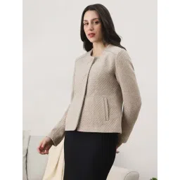 Globus Women Charcoal Texture Self Design Round Neck 2 Side Pocket Tailor Fit Winterwear Overcoat-picture-48