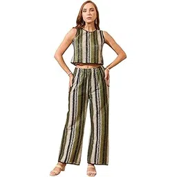 globus Women Chevron Print Crochet Round Neck Boxy Fit Crop Top with Trousers Resort Co-Ord Set-picture-26