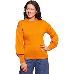 globus Women Cotton Bishop Sleeves Ribbed Hem Flat Knitted Pullover Sweater-picture-15