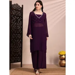 Globus Women Embroidered Regular Sequinned Kurta with Palazzos-picture-16