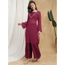 Globus Women Embroidered Regular Sequinned Kurta with Trousers-picture-26