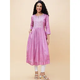 Globus Women Embroidered Sequined Yoke Bandhani Printed Pleated A-Line Kurta-picture-10