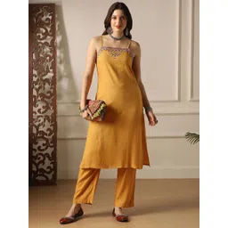 Globus Women Floral Embroidered Cotton Kurta with Trousers-picture-13