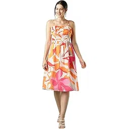 globus Women Floral Print Square Neck Shoulder Straps Bow Design Panelled Fit & Flare Midi Dress-picture-50