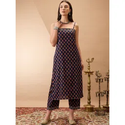 Globus Women Floral Printed Cotton Kurta with Trousers-picture-17