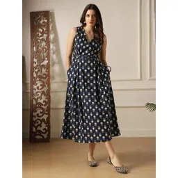 Globus Women Floral Printed Gathered V-Neck Wrap Fit & Flared Midi Dress-picture-34
