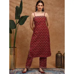Globus Women Floral Printed Gotta Patti Pure Cotton Kurta with Trousers-picture-21
