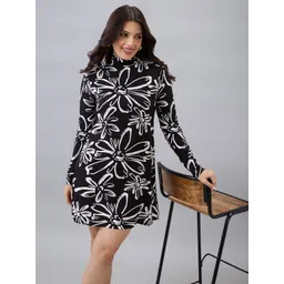 Globus Women Floral Printed High Neck Long Sleeves Back Tie-Up A-Line Mini Dress-picture-42