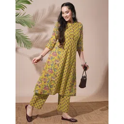 Globus Women Floral Printed Panelled Thread Work Pure Cotton Kurta with Trousers-picture-26