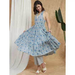 Globus Women Floral Printed Pleated Thread Work Kurta with Trousers-picture-22