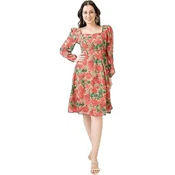 globus Women Georgette Floral Printed Square Neck Bishop Sleeves Stylized Back Fit & Flare Midi Dress-picture-16