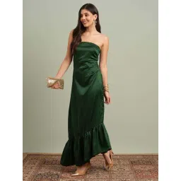 Globus Women Green Off-Shoulder Solid Pleated & Ruffle Detail Satin A-Line Maxi Party Dress-picture-26