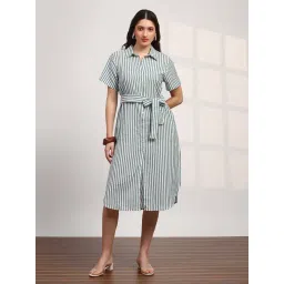 Globus Women Green Stripes Printed Collared Neck Curved Hem Button-Down Belted Shirt Style Dress-picture-12