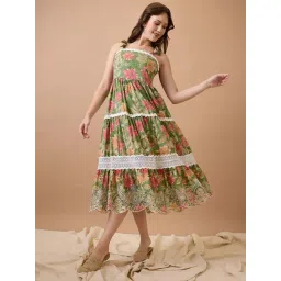 Globus Women Green Tie-Up Insert Schiffli Embroidered Hem Tiered Midi Fit & Flare Fusion Dress-picture-24
