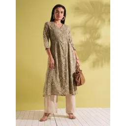 Globus Women Green V-Neck Allover Floral Print Front Slit Pleated A-Line Workwear Kurta-picture-45