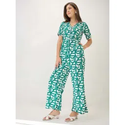 Globus Women Green V-Neck Ruched Sleeves Abstract Print Longline Jumpsuit-picture-31