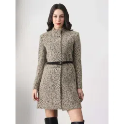 Globus Women Grey Melange Mock Neck Long Sleeves Self Design Winter Wear Overcoat with Belt-picture-23