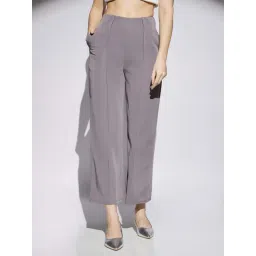 Globus Women Grey Solid Mid Rise Stretchable Wide Leg Cropped Formal Trousers-picture-16