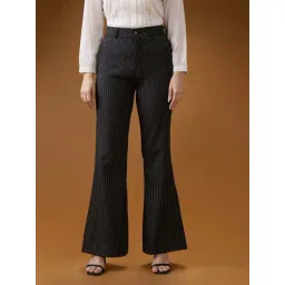 Globus Women Grey Striped Mid Rise Tapered Fit Bootcut Formal Trousers-picture-26