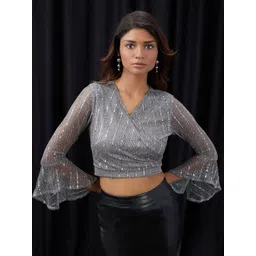 Globus Women Grey V-Neck Flared Sleeves Embellished Crop Top-picture-14