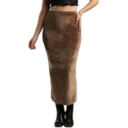 globus Women High-Rise Stretchable Velvet Solid Back Slit Midi Party Pencil Skirt (28 to 38 Size)-picture-21