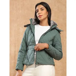 Globus Women Hooded Solid Insulator Puffer Jacket With Belt-picture-36