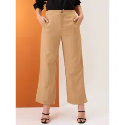 Globus Women Khaki Solid Mid-Rise Bottom Hem Slits Relaxed Fit Formal Trousers-picture-16