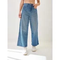 Globus Women Light Blue Cotton Whiskers Effect Mid-Rise Wide Leg Denim Jeans-picture-23