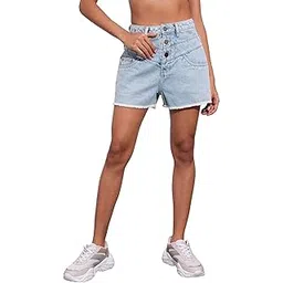 globus Women Light Blue Slim Fit Mid-Rise Denim Shorts-picture-12