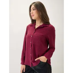 Globus Women Maroon Cuffed Sleeves Self Design Chest Pocket Curved Hem Shirt-picture-14