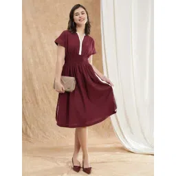 Globus Women Maroon V-Neck Extended Sleeves Solid Smocked Side Slit Midi Fit & Flare Dress-picture-42